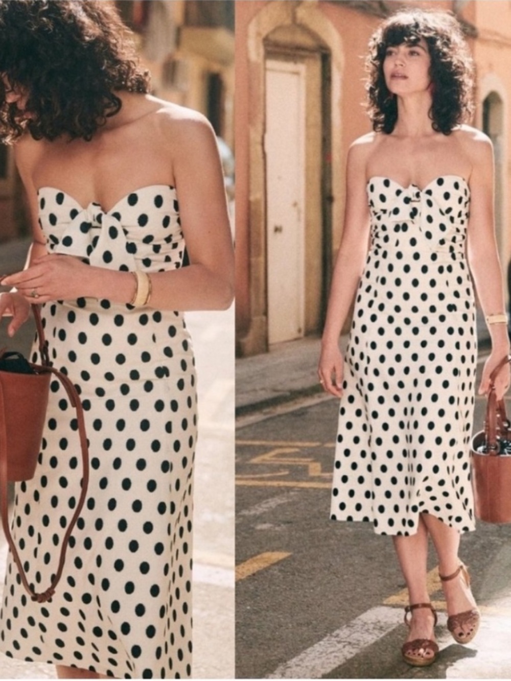Sezane Beatriz Polka Dot Strapless Midi Dress/Off White with Black Dots /Size 2